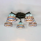 Tiffany Stained Glass Ceiling Light With 5 Scalloped Heads In Antique Bronze - Perfect For Bedroom