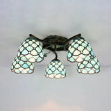 Tiffany Stained Glass Ceiling Light With 5 Scalloped Heads In Antique Bronze - Perfect For Bedroom