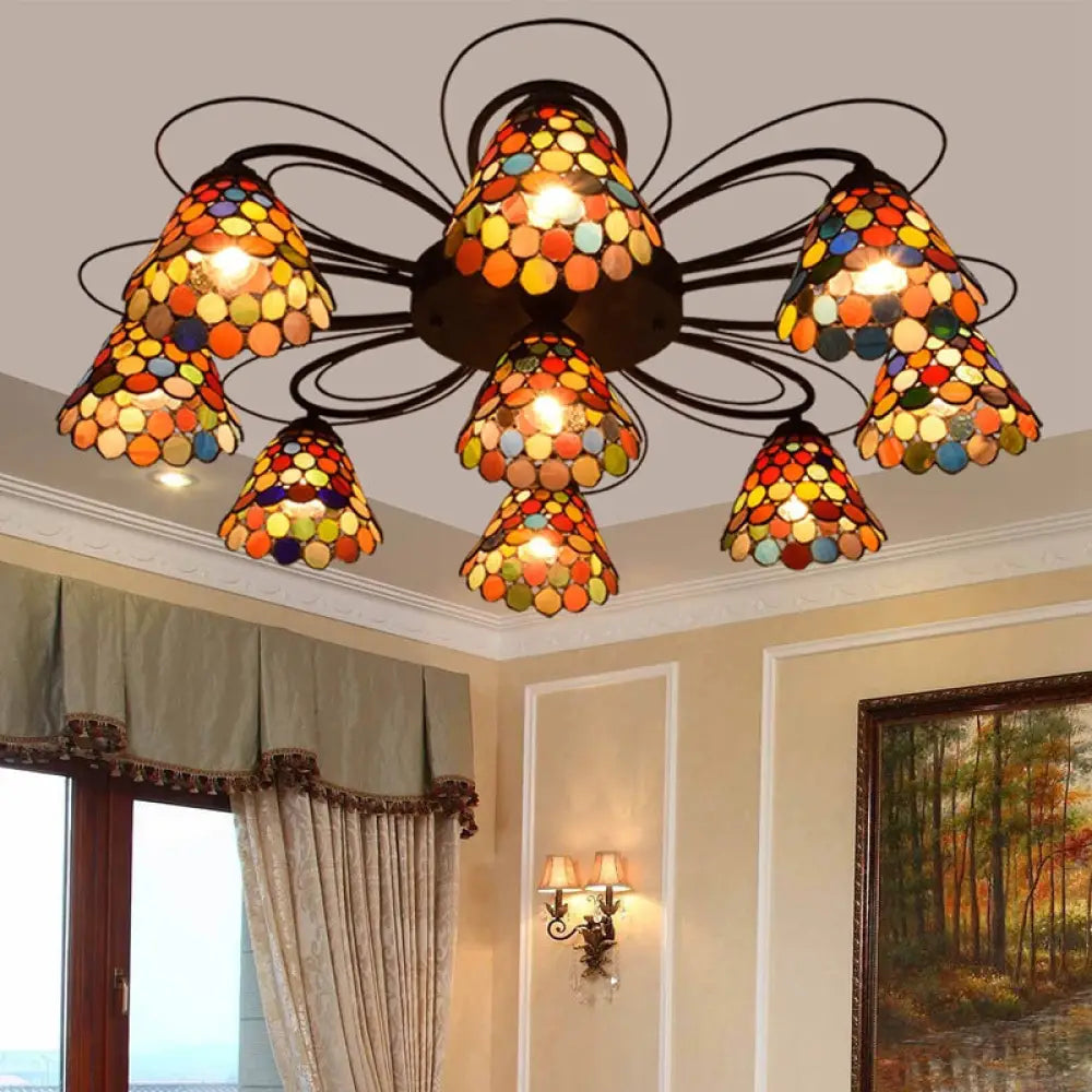 Tiffany Stained Glass Ceiling Light With Multicolored Bell Semi - Flush Mount - 3/7/9 Heads 9 /