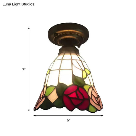 Tiffany Stained Glass Ceiling Mount Light For Cloth Shop – 1-Head Flower/Bird/Phoenix Design In