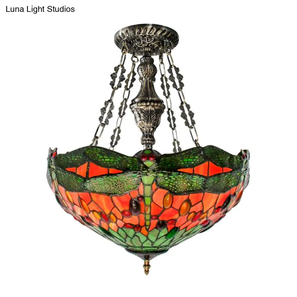 Tiffany Stained Glass Chandelier With Dragonfly Pattern And Gem-Like Cabochons In Green