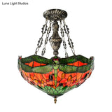 Tiffany Stained Glass Chandelier With Dragonfly Pattern And Gem-Like Cabochons In Green