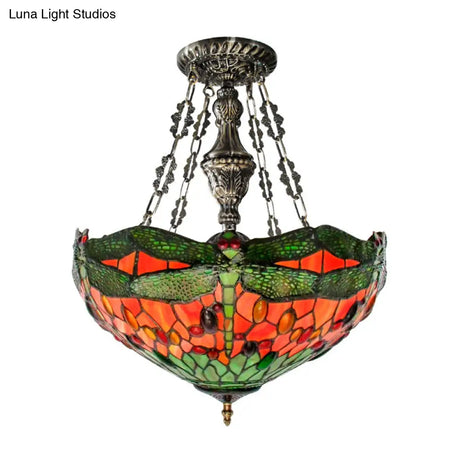 Tiffany Stained Glass Chandelier With Dragonfly Pattern And Gem-Like Cabochons In Green