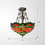 Tiffany Stained Glass Chandelier With Dragonfly Pattern And Gem-Like Cabochons In Green / Up