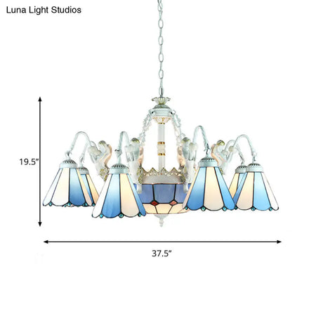 Tiffany Stained Glass Chandelier With Mediterranean Gem And Flower Design - 11-Light White Pendant