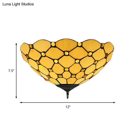 Tiffany Stained Glass Flush Mount Ceiling Light - Bowl Shape 1 Head Yellow Fixture