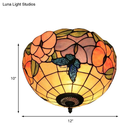 Tiffany Stained Glass Flush Mount Lighting With Flower And Butterfly Pattern In White - Bowl Shade