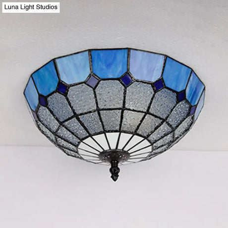 Tiffany Stained Glass Flushmount Light With 2 Beige Clear And Blue Lights For Your Bathroom