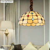 Tiffany Stained Glass Hanging Lamp - 12’ Or 16’ Wide Bowl 1 Bulb Beige Color Colorful Bead Accents