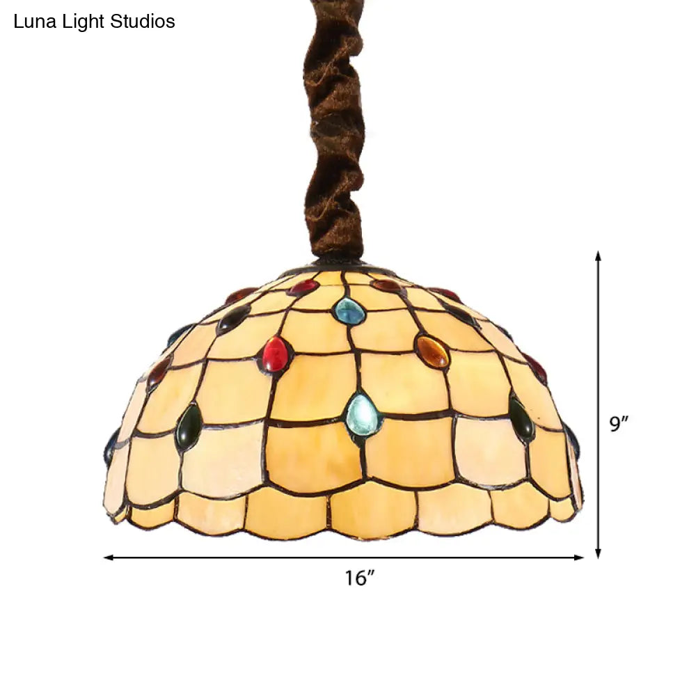 Tiffany Stained Glass Hanging Lamp - 12’ Or 16’ Wide Bowl 1 Bulb Beige Color Colorful Bead Accents