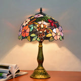 Tiffany Stained Glass Nightstand Lamp With Flower And Grape Pattern Antique Brass