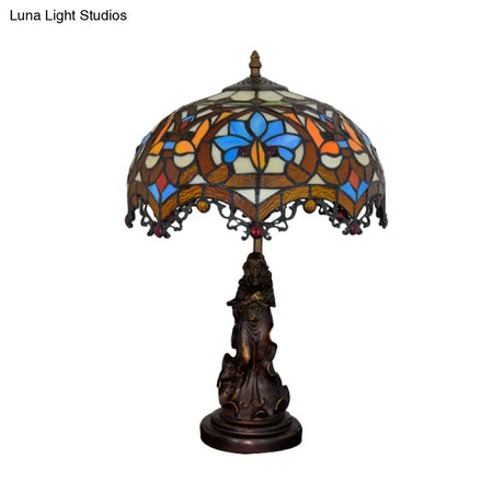 Tiffany Stained Glass Scroll-Trim Scalloped Night Light With Parrot Pattern - Bronze Table Lighting