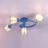 Tiffany Stained Glass Semi-Flush Light With White/Blue Motif - Ideal For Bedroom Ambiance 4 / White