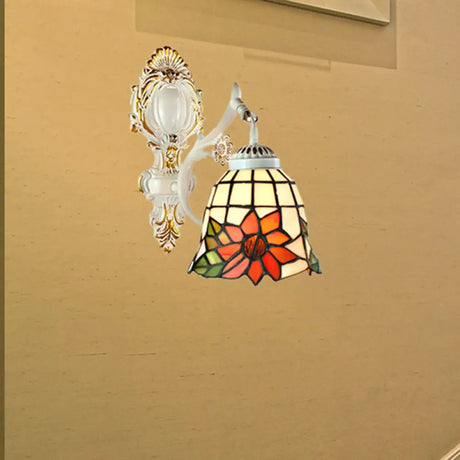 Tiffany Stained Glass Wall Sconce Lamp: Bell Shade 1-Light White / Sunflower