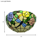 Tiffany Stained Glass Wall Sconce With Colorful Flower And Butterfly Design For Balcony Decor
