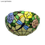 Tiffany Stained Glass Wall Sconce With Colorful Flower And Butterfly Design For Balcony Decor