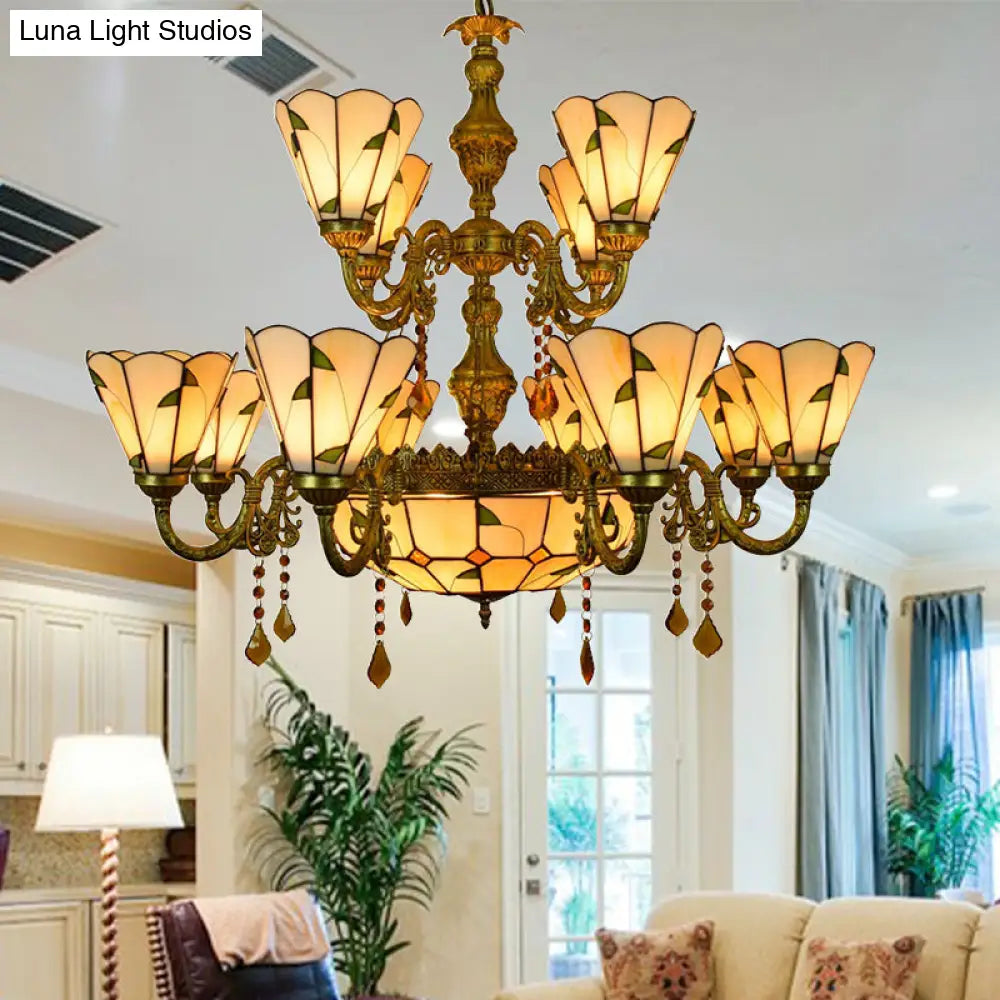 Tiffany Style Agate Leaf Chandelier In Antique Art Glass - 7/9/13 Lights Beige Ideal For Hotels
