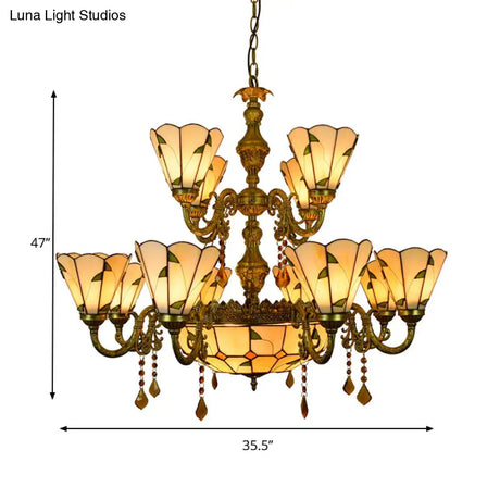 Tiffany Style Agate Leaf Chandelier In Antique Art Glass - 7/9/13 Lights Beige Ideal For Hotels