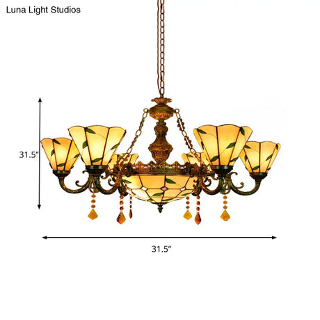 Tiffany Style Agate Leaf Chandelier In Antique Art Glass - 7/9/13 Lights Beige Ideal For Hotels