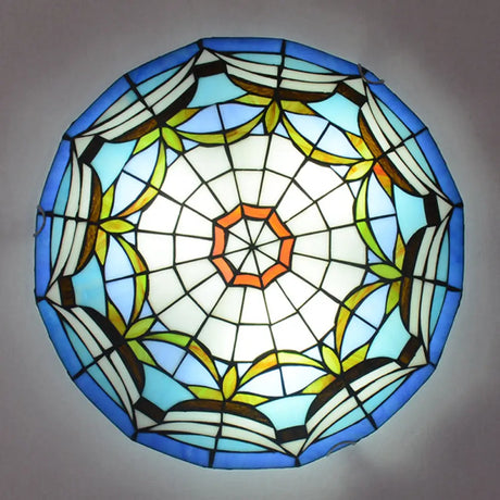 Tiffany Style Art Glass Dome Flush Ceiling Light For Bedroom