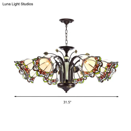 Tiffany Style Art Glass Pendant Chandelier With Floral Design & Bronze Finish For Bedroom - 3/6/8