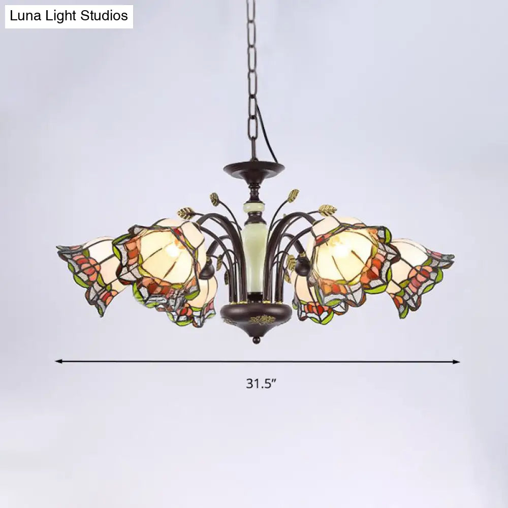Tiffany Style Art Glass Pendant Chandelier With Floral Design & Bronze Finish For Bedroom - 3/6/8