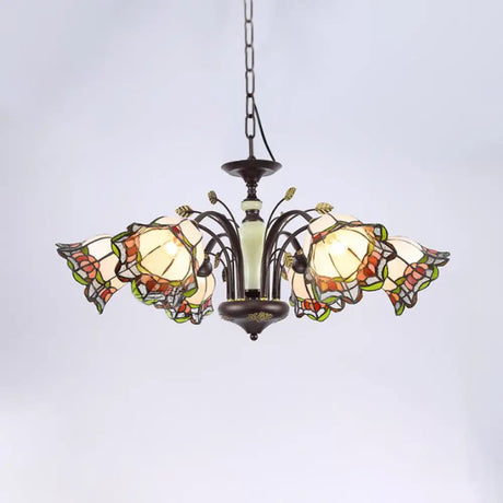 Tiffany Style Art Glass Pendant Chandelier With Floral Design & Bronze Finish For Bedroom - 3/6/8