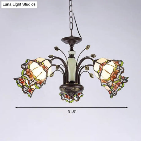 Tiffany Style Art Glass Pendant Chandelier With Floral Design & Bronze Finish For Bedroom - 3/6/8
