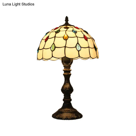 Tiffany Style Beige Glass Jewelry Night Table Lamp With Black Nightstand Base