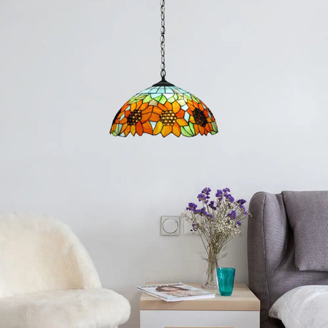 Tiffany-Style Black Hand Cut Glass Pendant Ceiling Light With Sunflower Pattern – 12’/16’