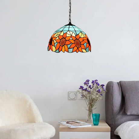 Tiffany-Style Black Hand Cut Glass Pendant Ceiling Light With Sunflower Pattern – 12’/16’