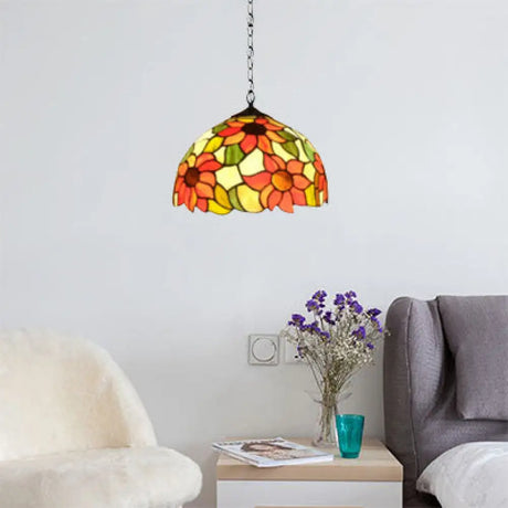 Tiffany-Style Black Hand Cut Glass Pendant Ceiling Light With Sunflower Pattern – 12’/16’