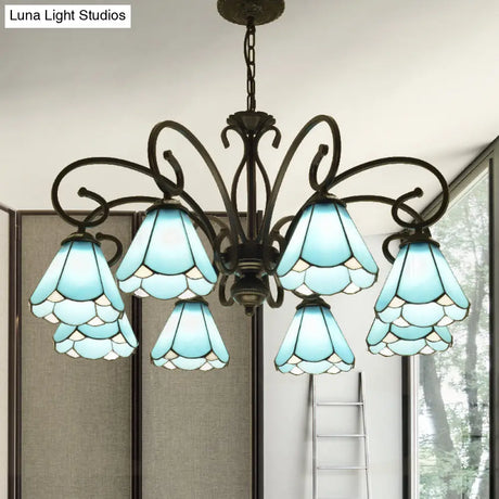 Tiffany Style Blue Glass Chandelier With Black Frame And Multiple Lights
