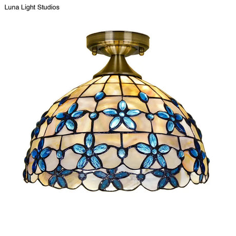 Tiffany Style Brass Dome Close To Ceiling Light - Blue Floral Jewels