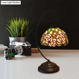 Tiffany Style Dome Cut Glass Table Lamp - Black/White Finish Rose Pattern Night Light