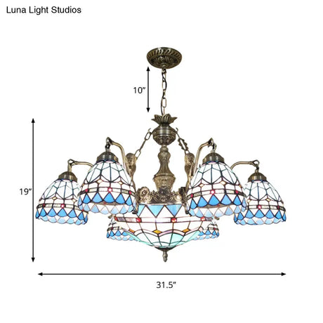 Tiffany Style Domed Chandelier - Mermaid Blue Ceiling Lamp With Cut Glass 7/9 Lights