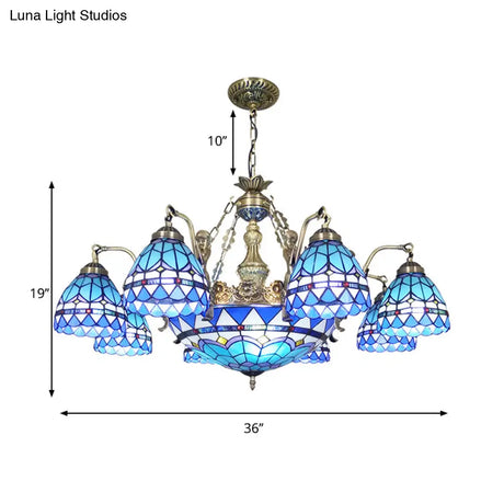 Tiffany Style Domed Chandelier - Mermaid Blue Ceiling Lamp With Cut Glass 7/9 Lights