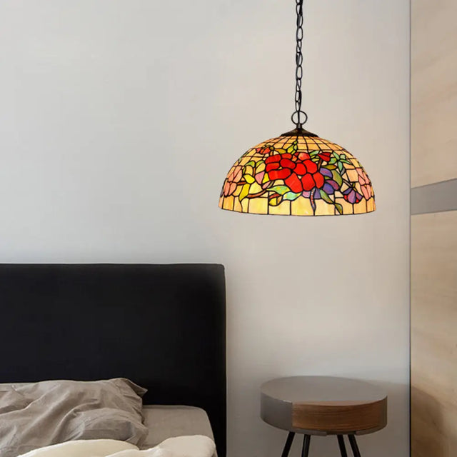 Tiffany-Style Floral Chandelier - 2 Red/Pink Stained Glass Lights for Kitchen Red