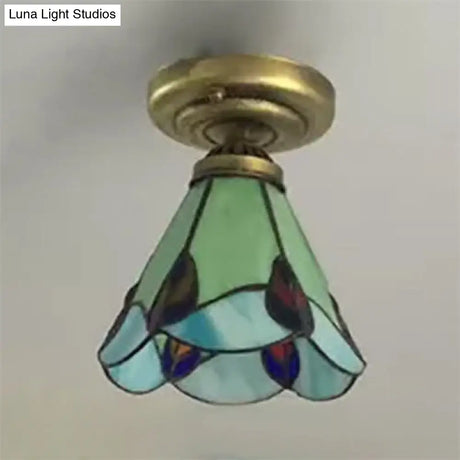Tiffany Style Floral Semi Flush Ceiling Light Fixture In Aged Brass For Bedroom - Stained Glass