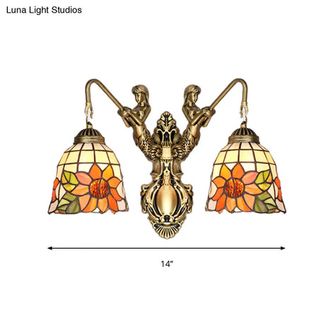 Tiffany Style Gold Flared Sconce Wall Mounted Light With Beige Glass And Sunflower Pattern - 2 Heads