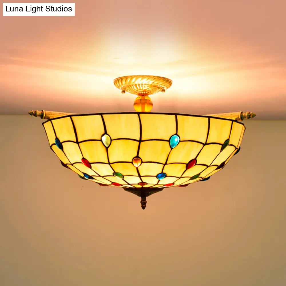Tiffany Style Handcrafted Art Glass Ceiling Light Fixture - 5 Heads Semi Flush Mount Brass Finish