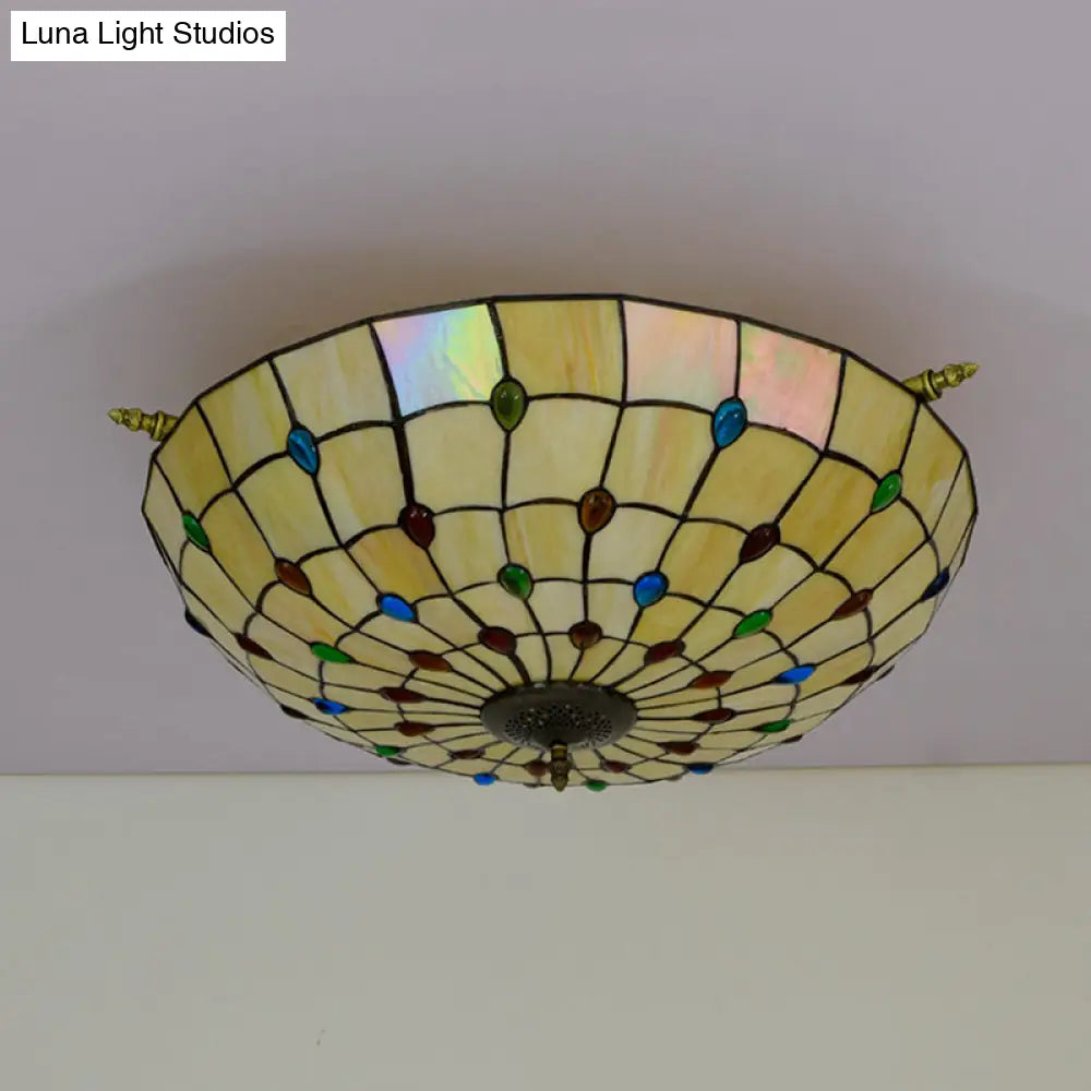 Tiffany Style Handcrafted Art Glass Ceiling Light Fixture - 5 Heads Semi Flush Mount Brass Finish