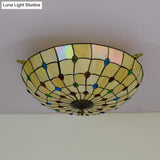 Tiffany Style Handcrafted Art Glass Ceiling Light Fixture - 5 Heads Semi Flush Mount Brass Finish