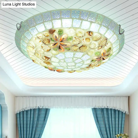 Tiffany - Style Led Flush Mount Lamp With Beige Shell Bowl Shade - Bedroom Ceiling Light Fixture