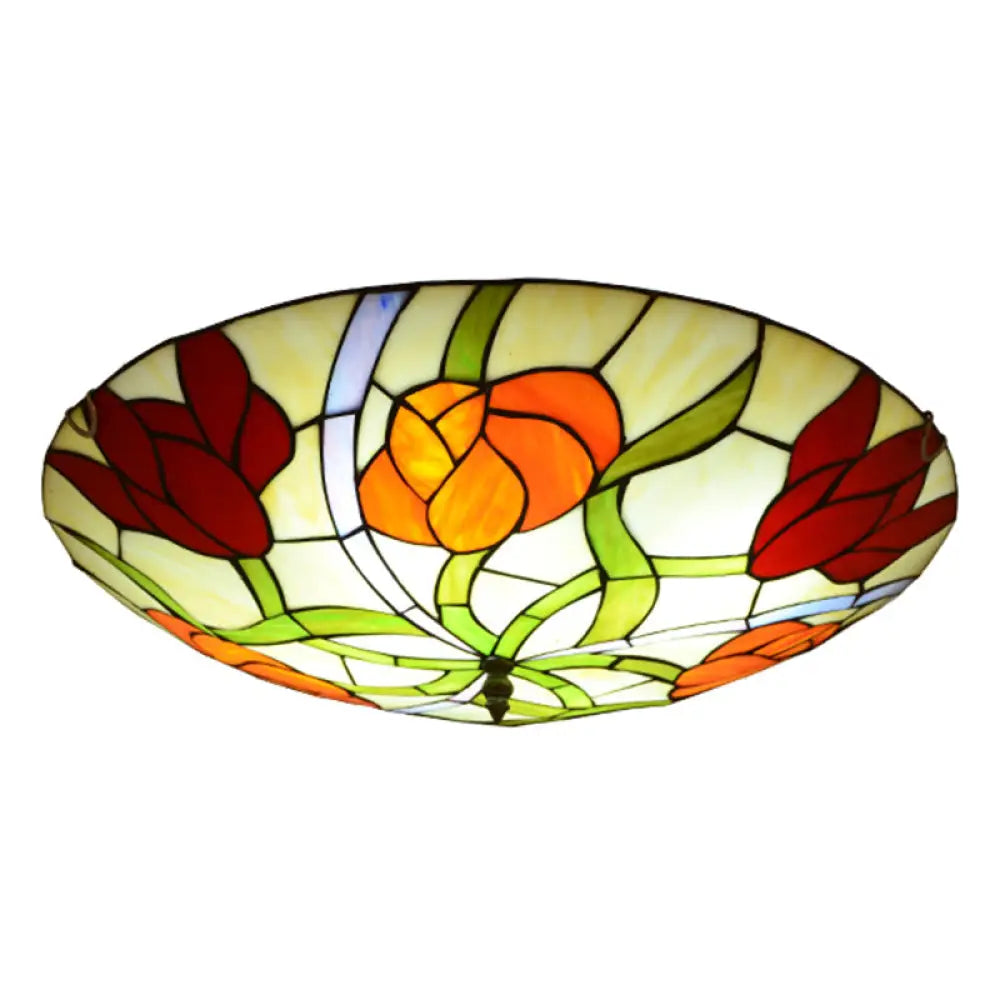 Tiffany - Style Multicolored Stained Glass Flower Flush Mount Ceiling Light Fixture Orange - Red /