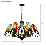 Tiffany-Style Parrot Stained Glass Chandelier In Antique Brass - Ideal For Dining Rooms
