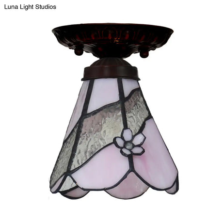 Tiffany Style Pink Glass Ceiling Flushmount Light Fixture - 1 Flower/Flared/Rhombus Design