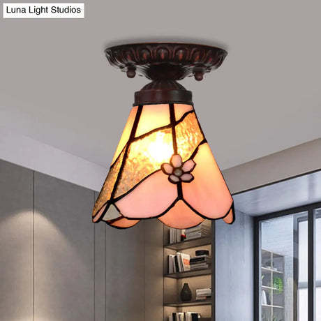 Tiffany Style Pink Glass Ceiling Flushmount Light Fixture - 1 Flower/Flared/Rhombus Design