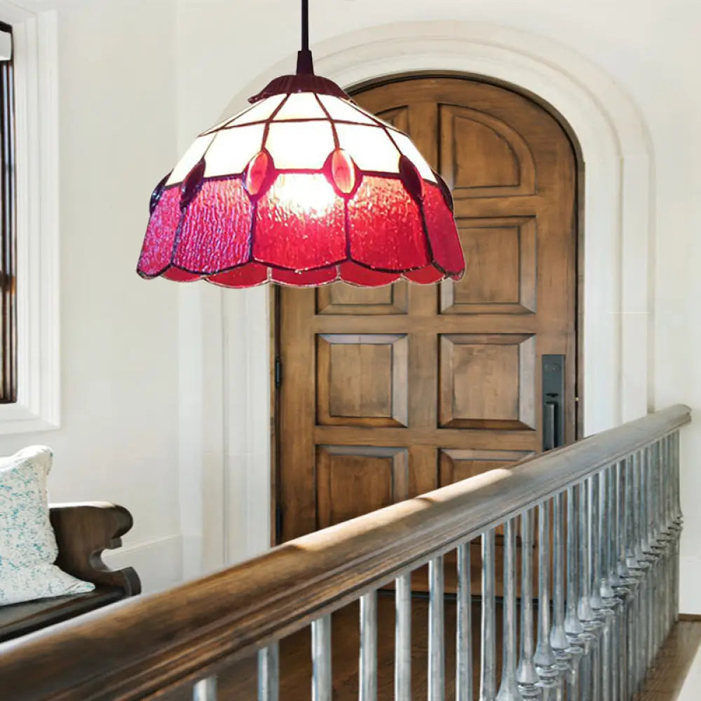 Tiffany-Style Pink/Green Stained Glass Beaded Drop Lamp - Hall Pendant Lighting Fixture Pink