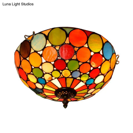 Tiffany Style Red Flushmount Bedroom Light Fixture - 2/3 Lights Dome Stained Glass Shade
